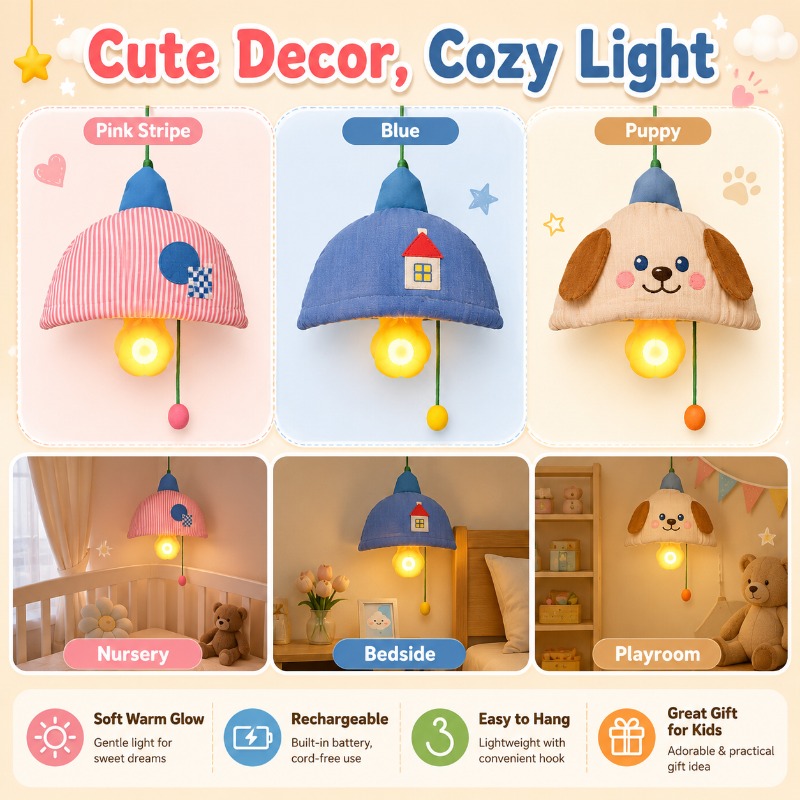 Baby Nursery Light Shade - Wiederaufladbare Hängende Nachtlampe mit Stoffschirm und
