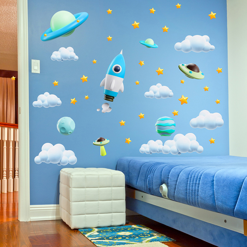 Baby Nursery Diy - Blaue Galaxie, Weltraumrakete, UFO-Wandaufkleber für Kinderzimmer,