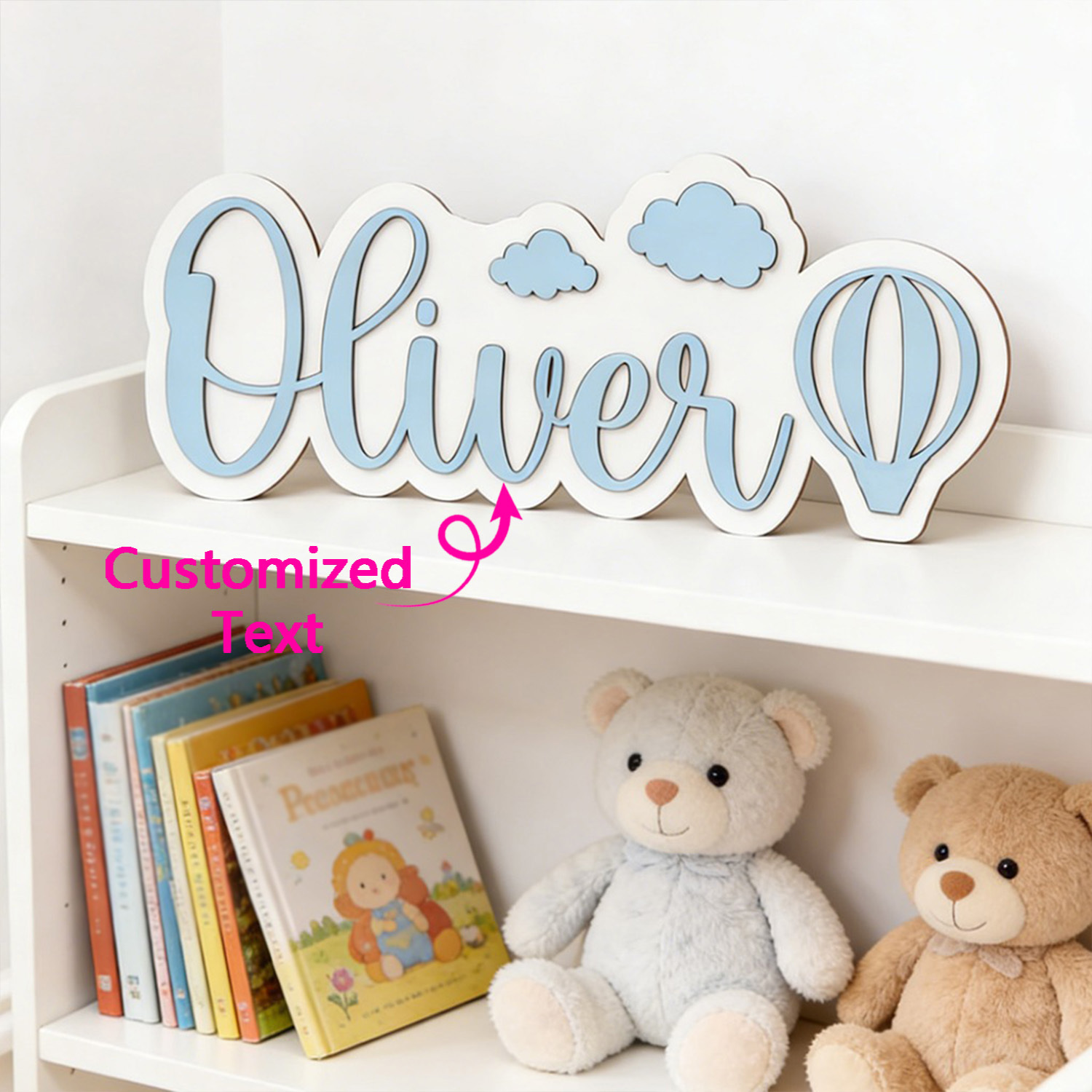 Baby Nursery Room - Personalisiertes Heißluftballon- & Wolken-Namensschild, Anpassbare Pastellblaue