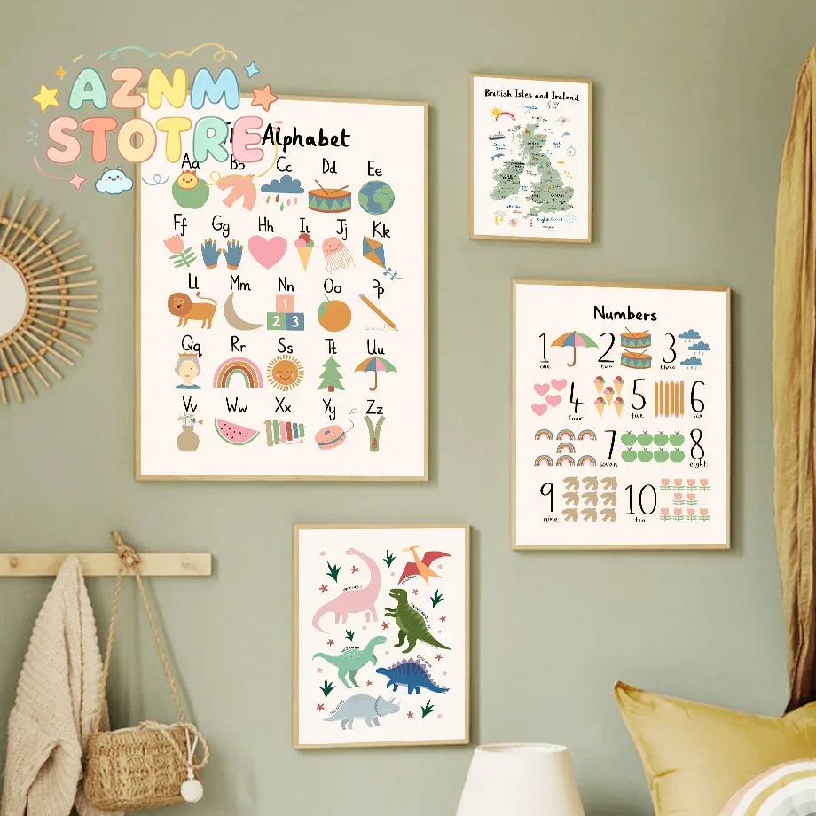 Baby Nursery Room - Tierweltkarte Dinosaurier Alphabet Zahlen Leinwand Wandkunst