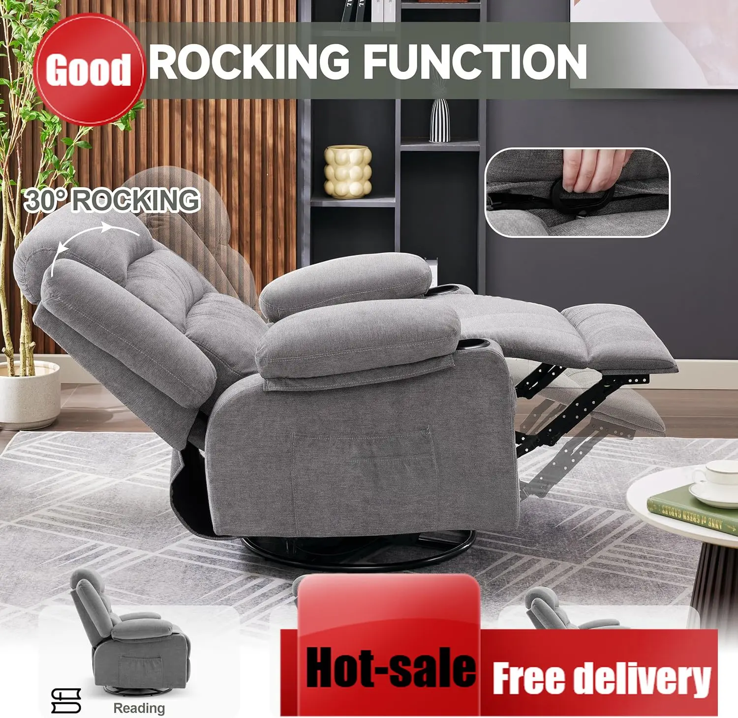 Rocking Chair Nursery - 360-Grad-Drehbarer Schaukel-Massagesessel mit Heizung, Übergroßer Einzelsessel
